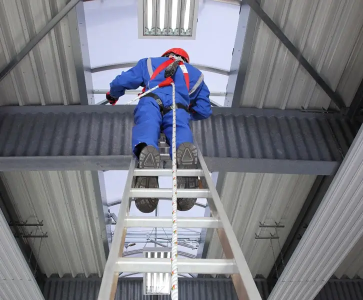 Arbeiter in großer Höhe auf einer Leiter, professionell gesichert durch PSAgA.